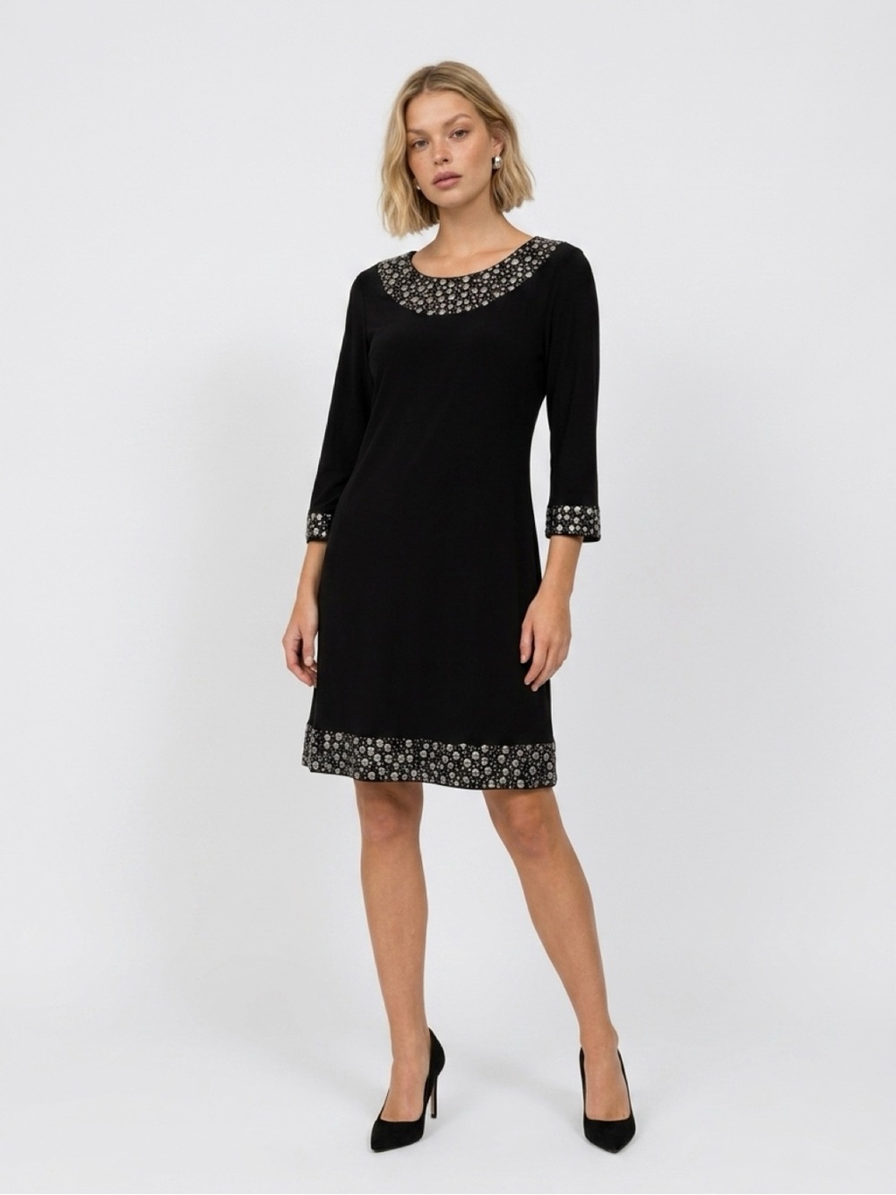 Kensie Black Long-Sleeve Dress with Jeweled Trim